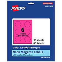 AVERY Printable Hexagon Labels, Sure Feed Technology, 2-1/2\" x 2-57/64\", Neon Magenta, Print-to-The-Edge