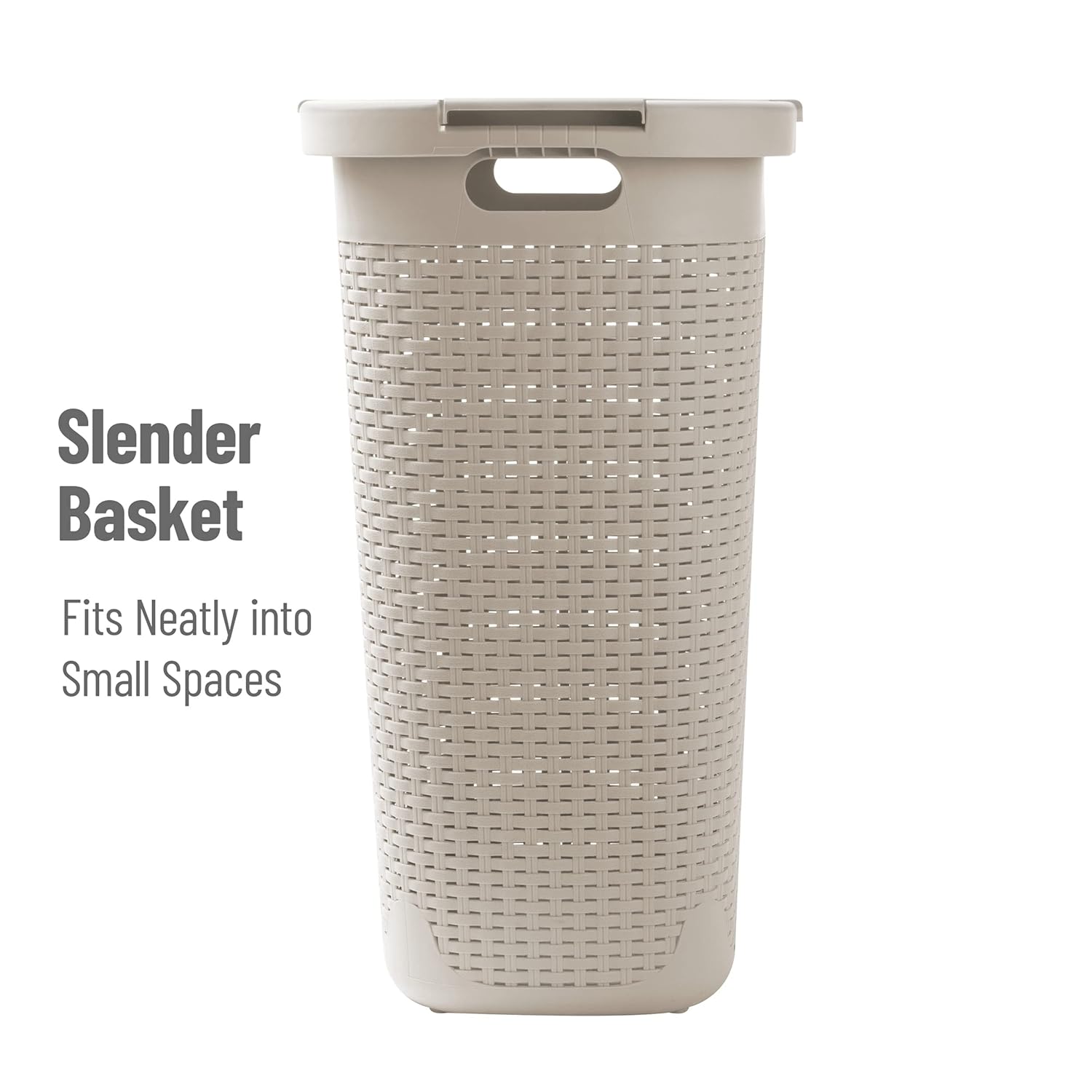 MIND READER Slim Laundry Hamper with Lid, 60L Wicker-Style Plastic