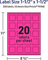 Avery Printable Square Labels, Sure Feed Technology, 1-1/2" x 1-1/2", Neon Magenta, Print-to-The-Edge, Laser/Inkjet Printable