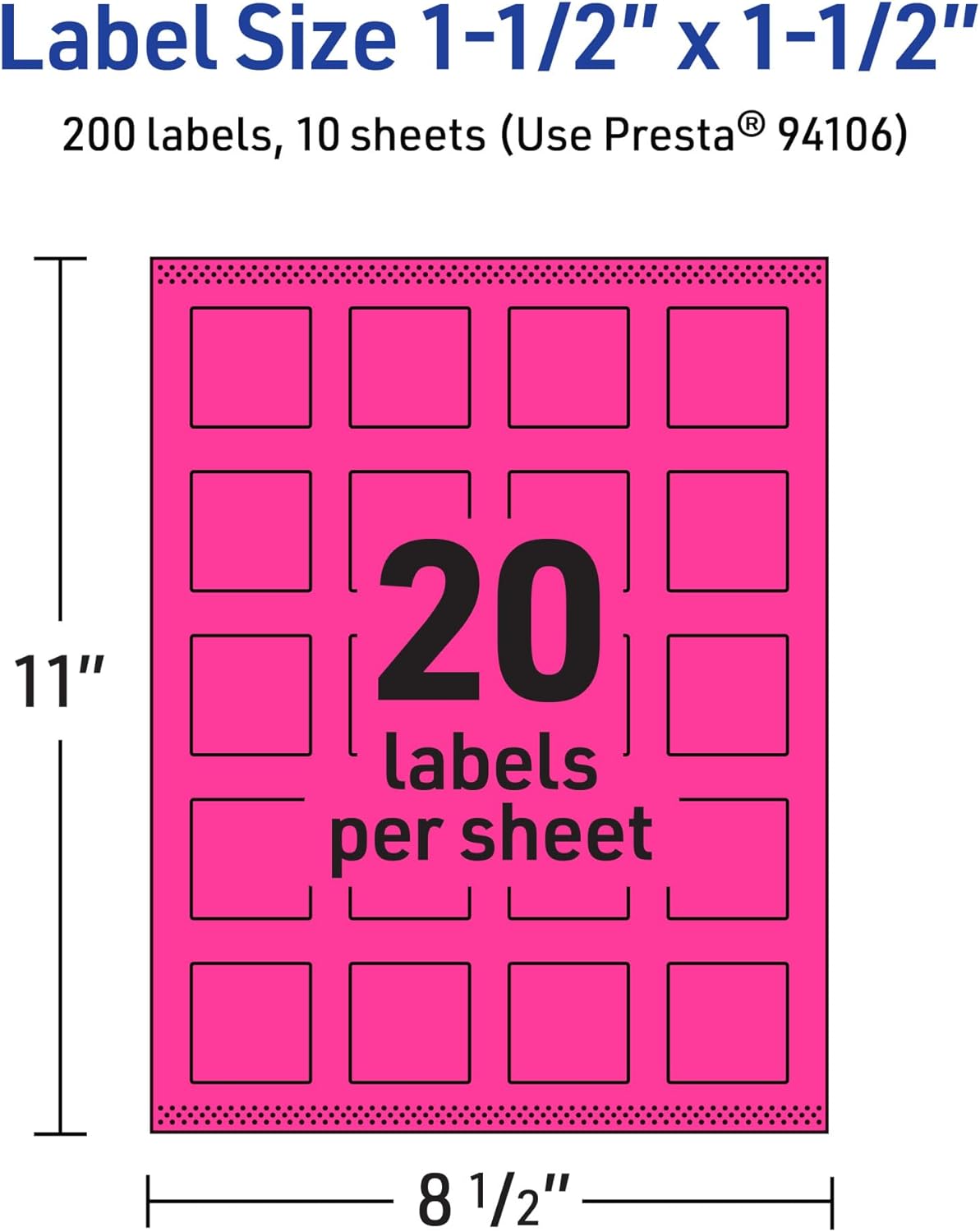 Avery Printable Square Labels, Sure Feed Technology, 1-1/2" x 1-1/2", Neon Magenta, Print-to-The-Edge, Laser/Inkjet Printable