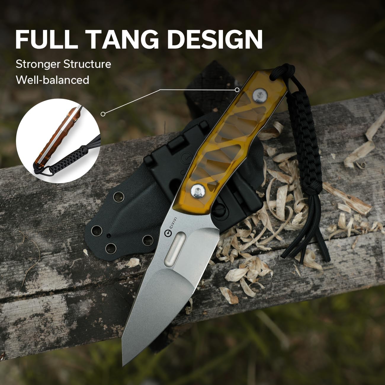 CIVIVI Propugnator EDC Fixed Blade Knife with Kydex Sheath, T-Clip and Lanyard, 4.15" D2 Blade