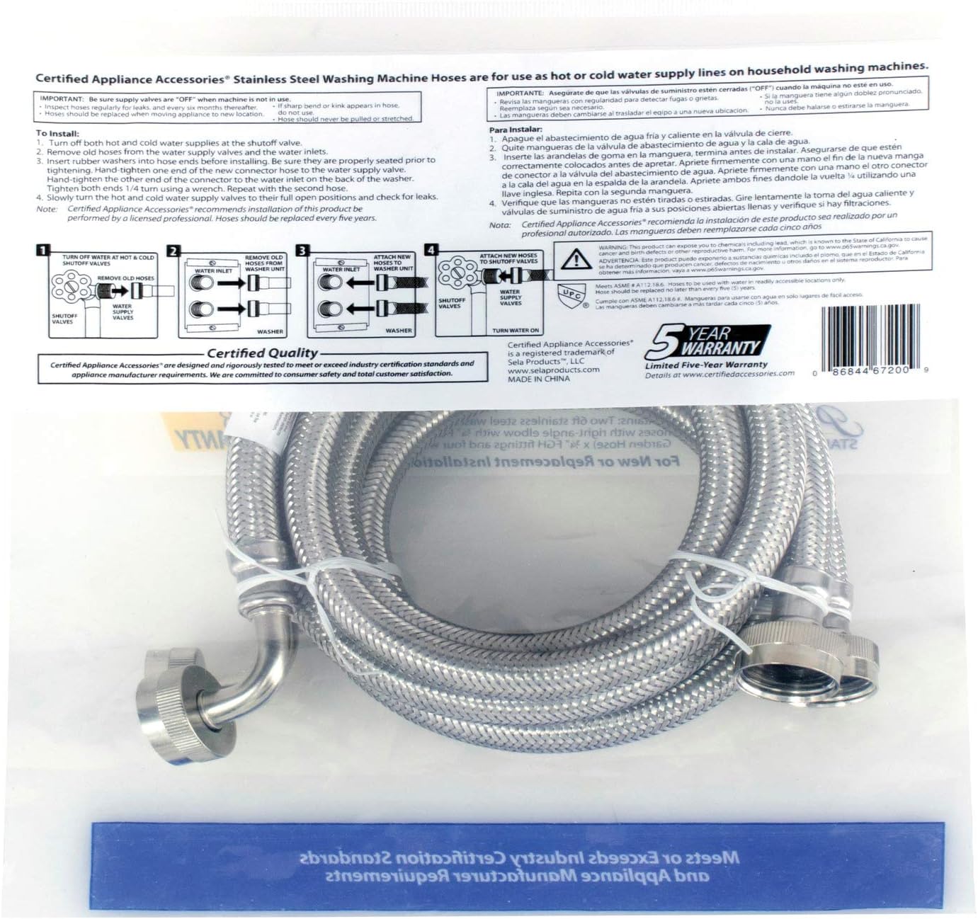 Certified Appliance Accessories Washing Machine Hose with 90 Degree Elbow (2 Pack), Hot and Cold Water Supply Lines, 6 Feet