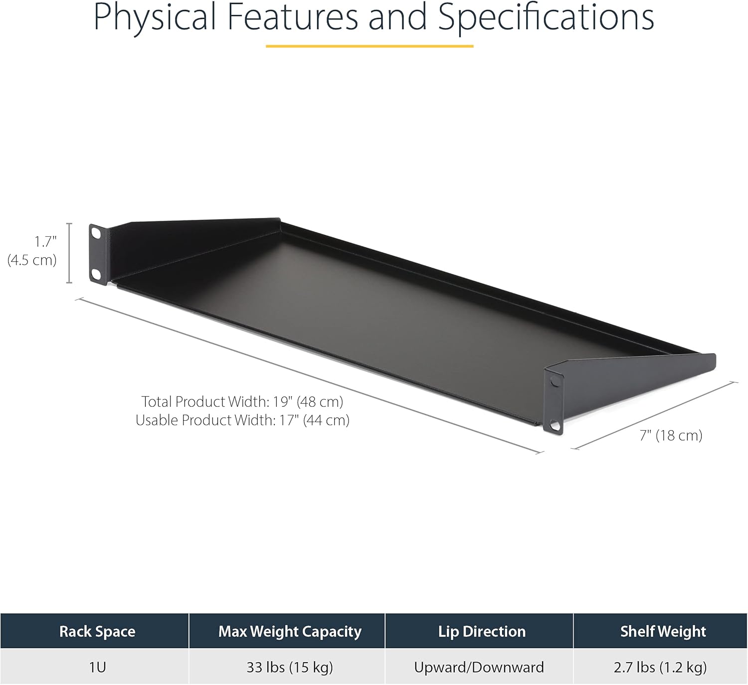 StarTech.com Universal Server Rack Shelf - Fixed Cantilever Tray for 19in Racks