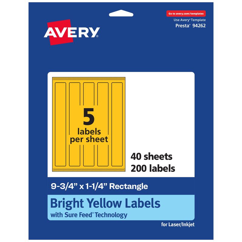 Avery Printable Rectangle Labels, Sure Feed Technology, 9-3/4" x 1-1/4", Bright Yellow, Print-to-The-Edge, Laser/Inkjet