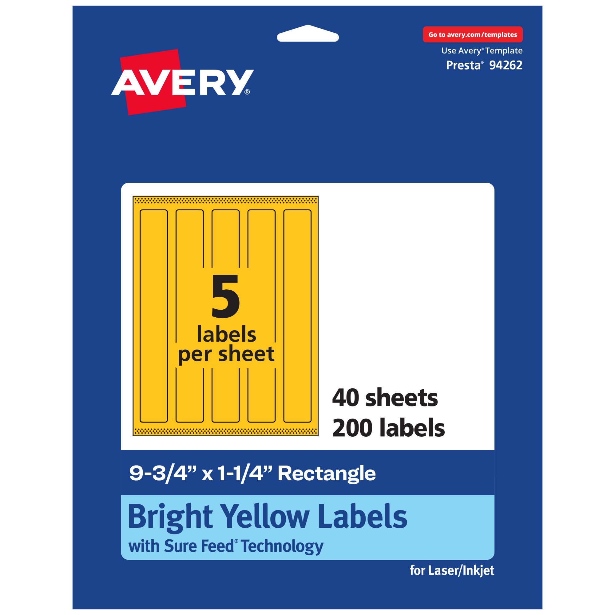 Avery Printable Rectangle Labels, Sure Feed Technology, 9-3/4" x 1-1/4", Bright Yellow, Print-to-The-Edge, Laser/Inkjet