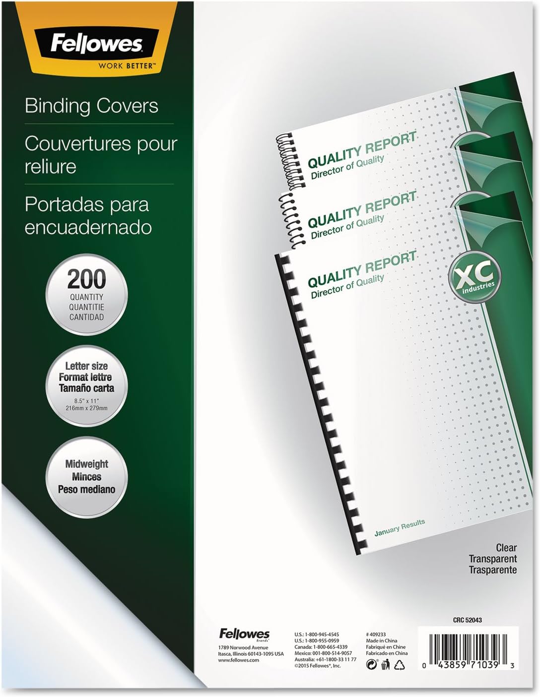 Fellowes Crystals Clear PVC Binding Covers, 8mil Letter, 200 Pack (5204303)