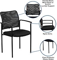 Flash Furniture Jana Comfort Black Mesh Stackable Steel Side Chair with Nylon Arms and Built-In Lumbar Support Contemporary