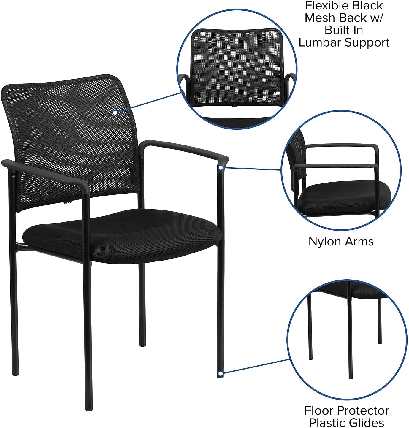 Flash Furniture Jana Comfort Black Mesh Stackable Steel Side Chair with Nylon Arms and Built-In Lumbar Support Contemporary