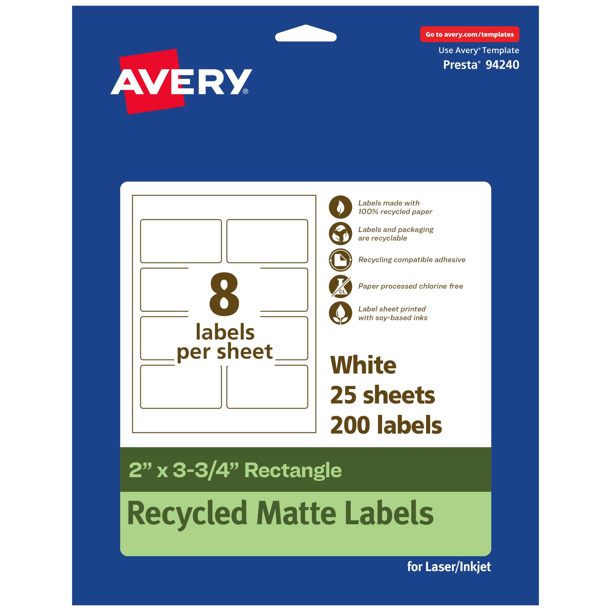 Avery EcoFriendly Matte White Recycled Rectangle Labels, 2" x 3.75", Print-to-The-Edge, Permanent Adhesive