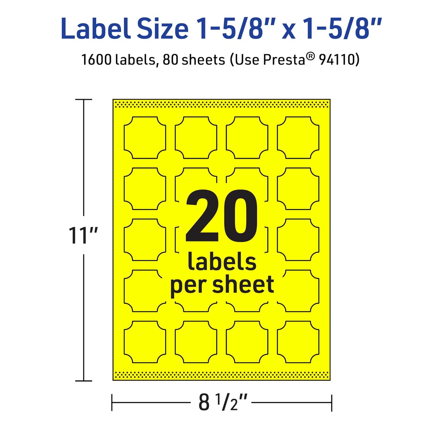 Avery Printable Square Scalloped Labels, Sure Feed Technology, 1-5/8" x 1-5/8", Neon Yellow, Print-to-the-Edge
