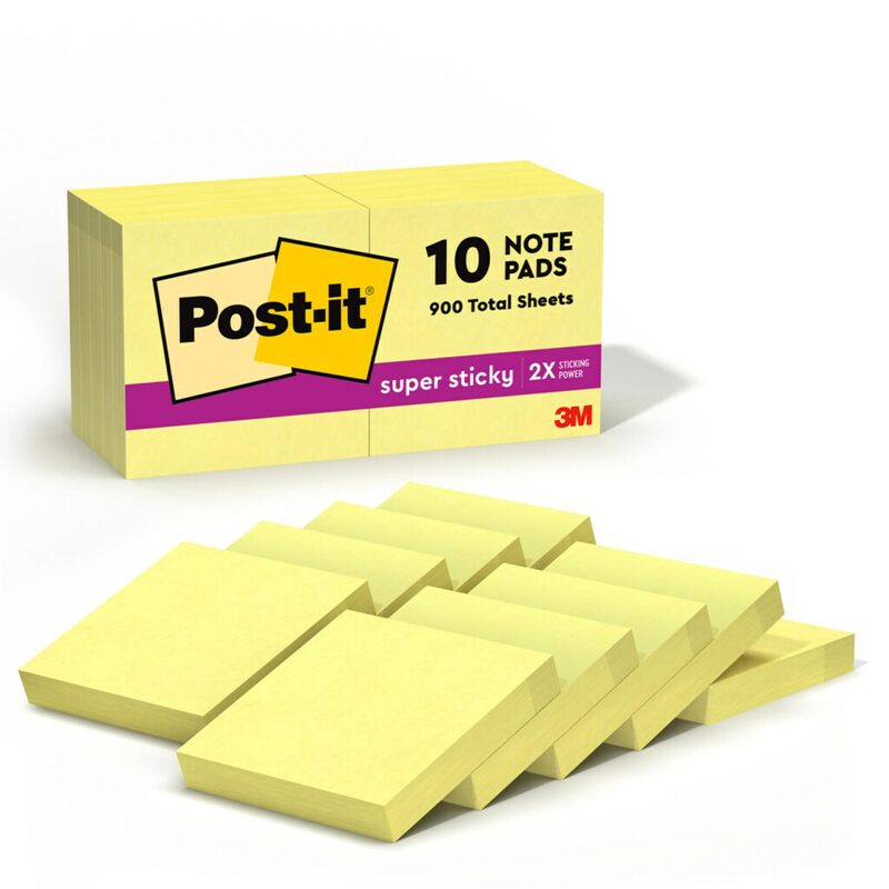 Post-it Super Sticky Notes, 10 Sticky Note Pads, 1.875 x 1.875 in., School Supplies, Office Products, Sticky Notes for Vertical Surfaces, Monitors, Walls and Windows, Canary Yellow 1.9" x 4"