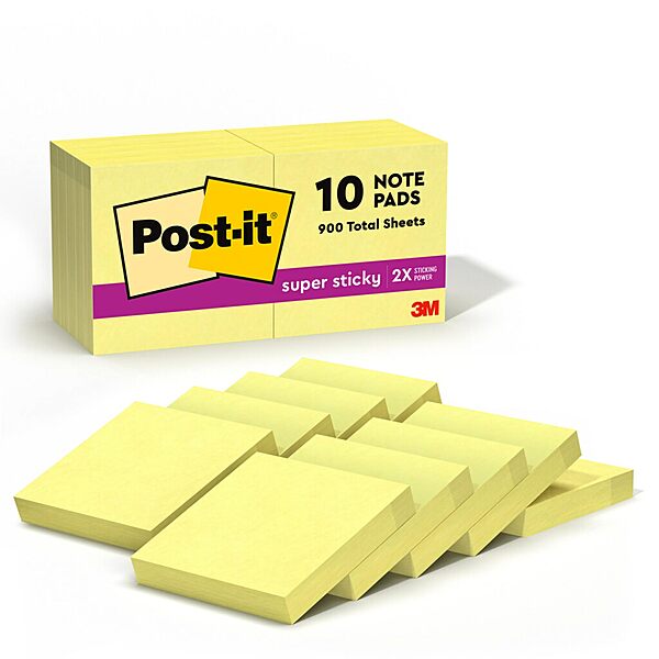 Post-it Super Sticky Notes, 10 Sticky Note Pads, 1.875 x 1.875 in., School Supplies, Office Products, Sticky Notes for Vertical Surfaces, Monitors, Walls and Windows, Canary Yellow 1.9" x 4"