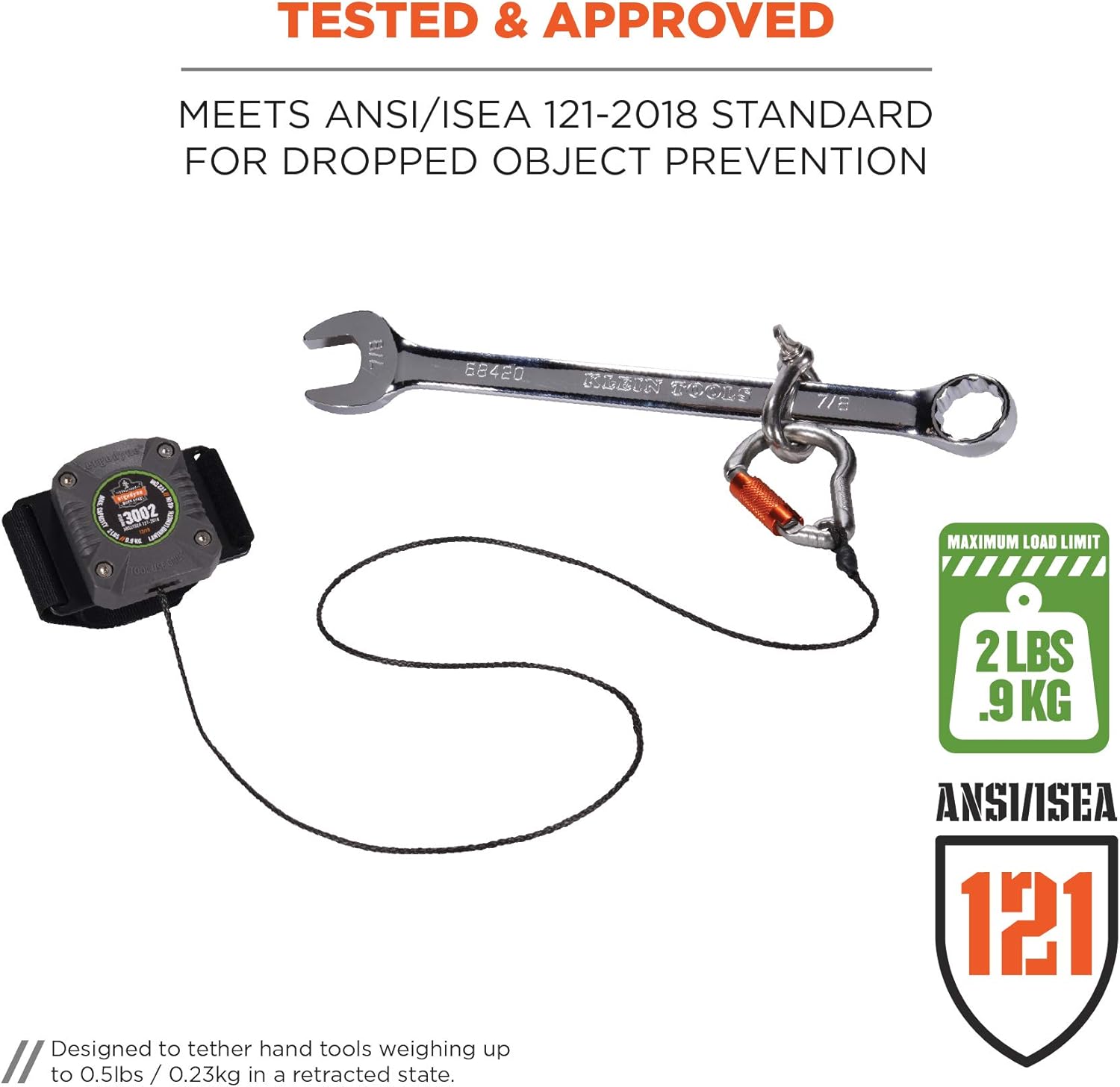 Ergodyne Squids 3002 Retractable Tool Lanyard with Locking Carabiner, Straps to Attach to Belt or Harness, Gray, Standard