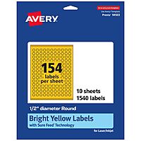 Avery Printable Round Labels, Sure Feed Technology, 1/2" Diameter, Bright Yellow, Print-to-the-Edge, Laser/Inkjet