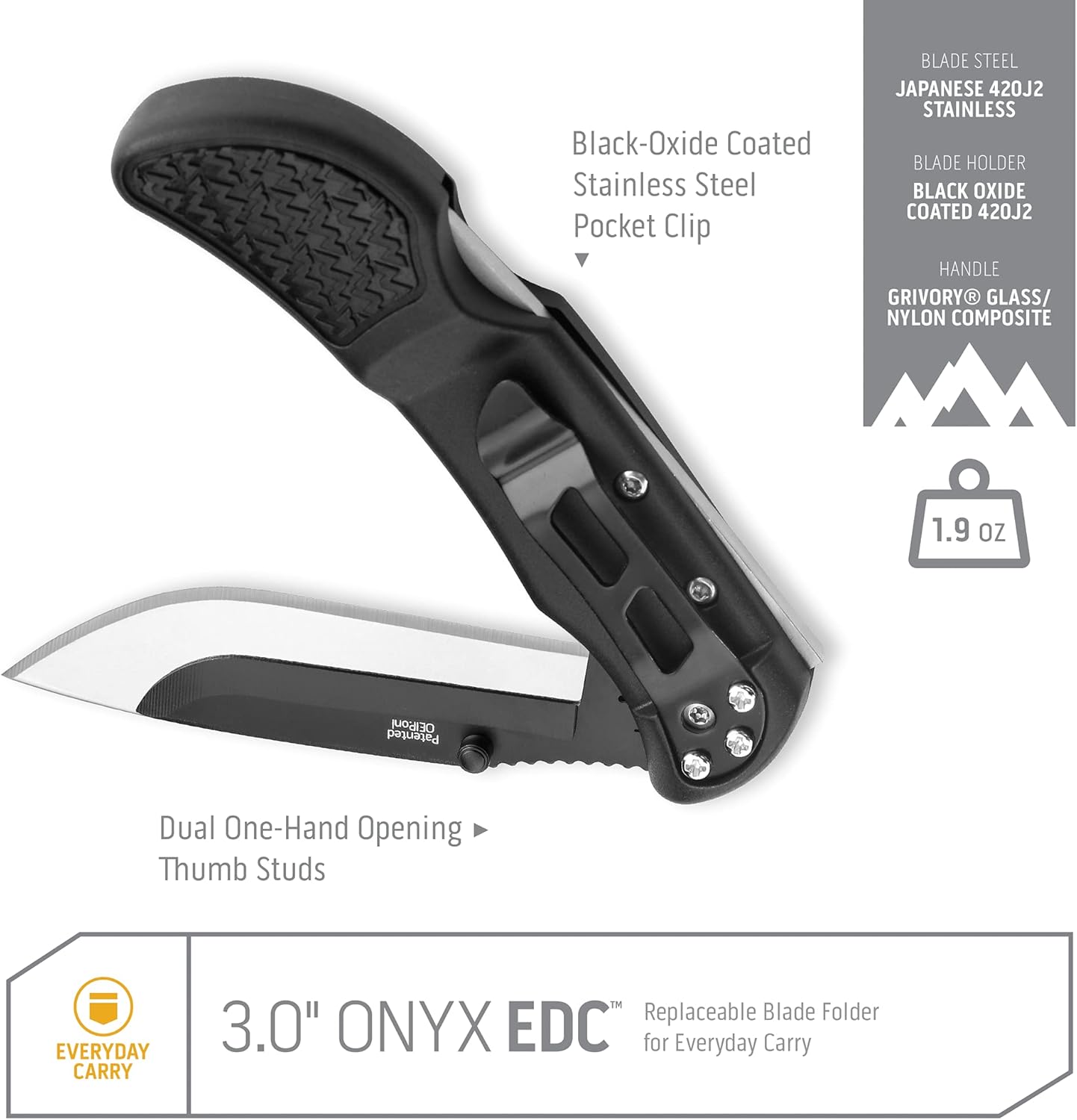OUTDOOR EDGE Onyx EDC Folding Pocket Knife — Replaceable Blade System, Lockback and Pocket Clip