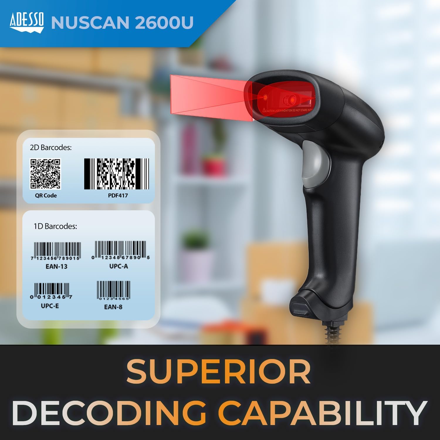 NuScan 2600U 2D Barcode Scanner with Superior Scanning Performance - USB & Serial Port Interface