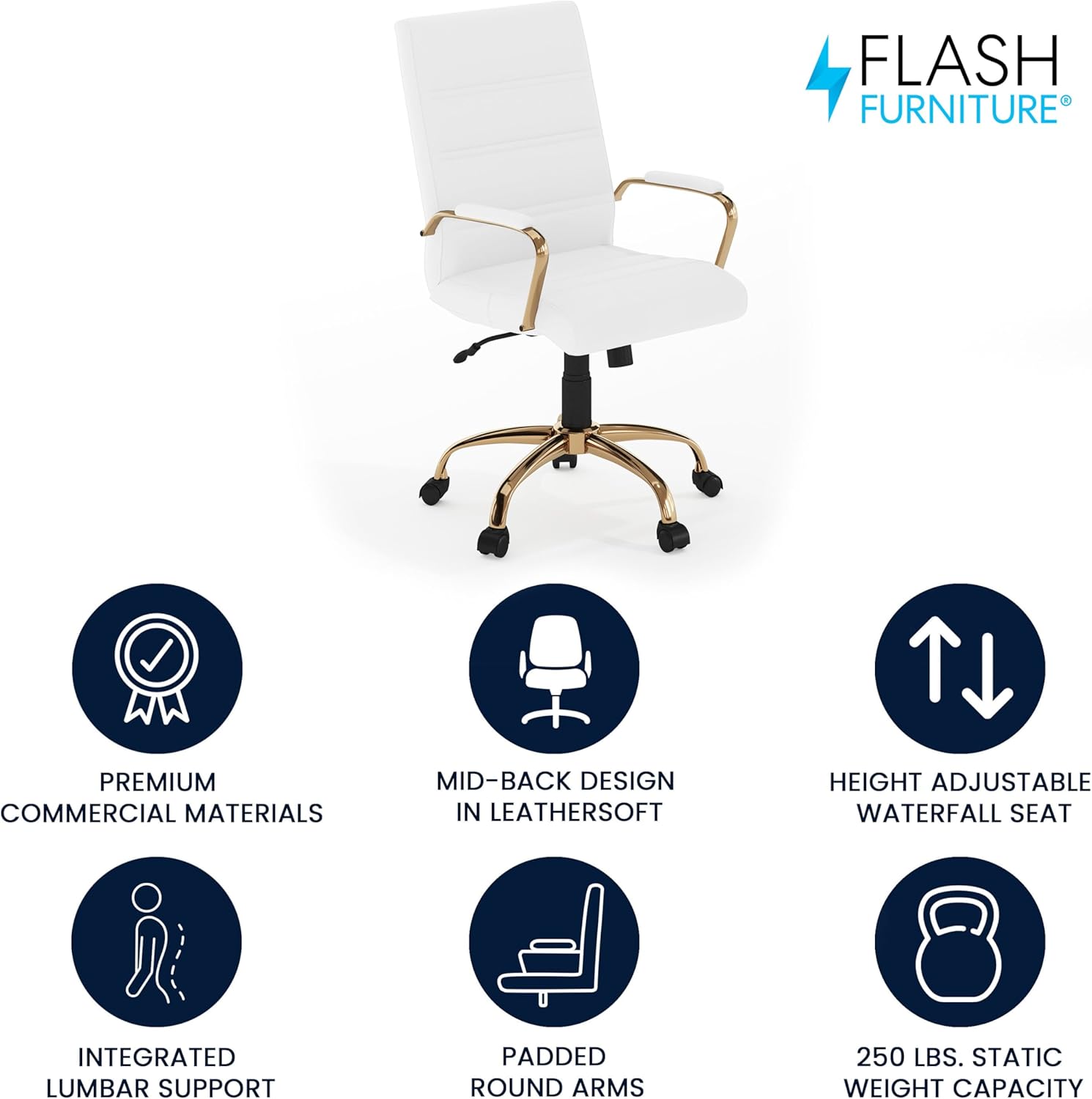 Flash Furniture Whitney Mid-Back Swivel LeatherSoft Desk Chair with Padded Seat and Armrests
