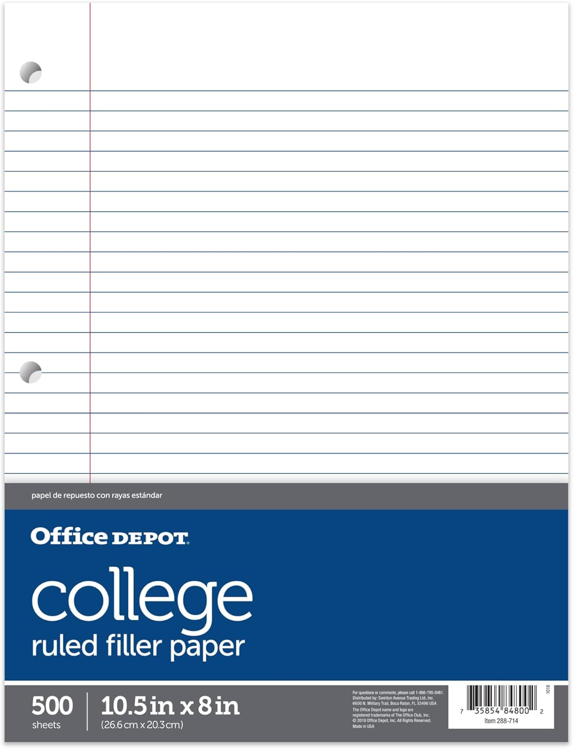 Office Depot® Brand Notebook Filler Paper, College Ruled, 8" x 10 1/2", White, Pack Of 500 Sheets