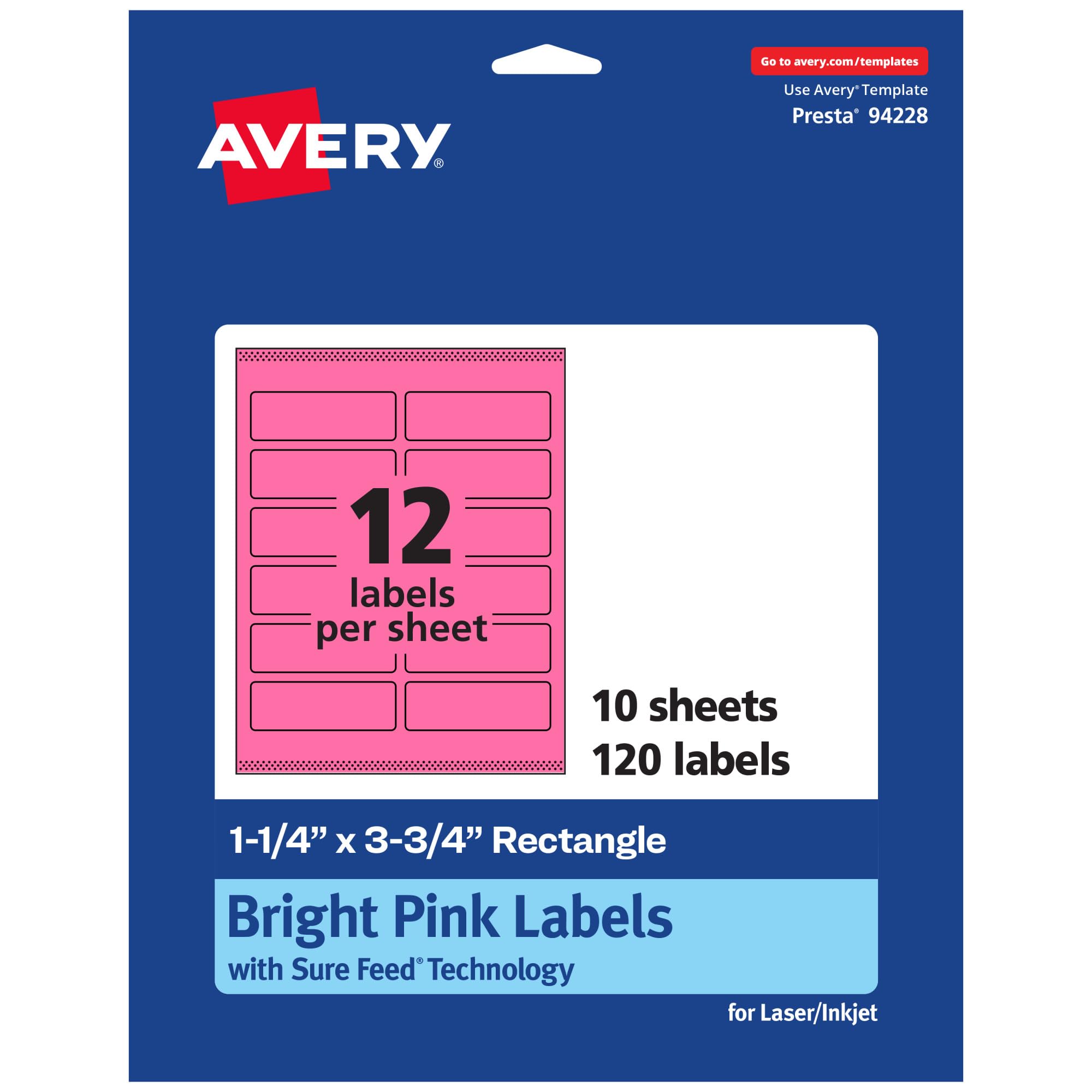 Avery Printable Rectangle Labels, Sure Feed Technology, 1-1/4" x 3-3/4", Bright Pink, Print-to-The-Edge