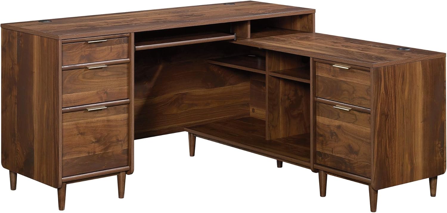 Sauder 59" L-Desk and Bookcase Bundle, Clifford Place Collection, Grand Walnut Finish L-Desk + 3 Tier Bookcase
