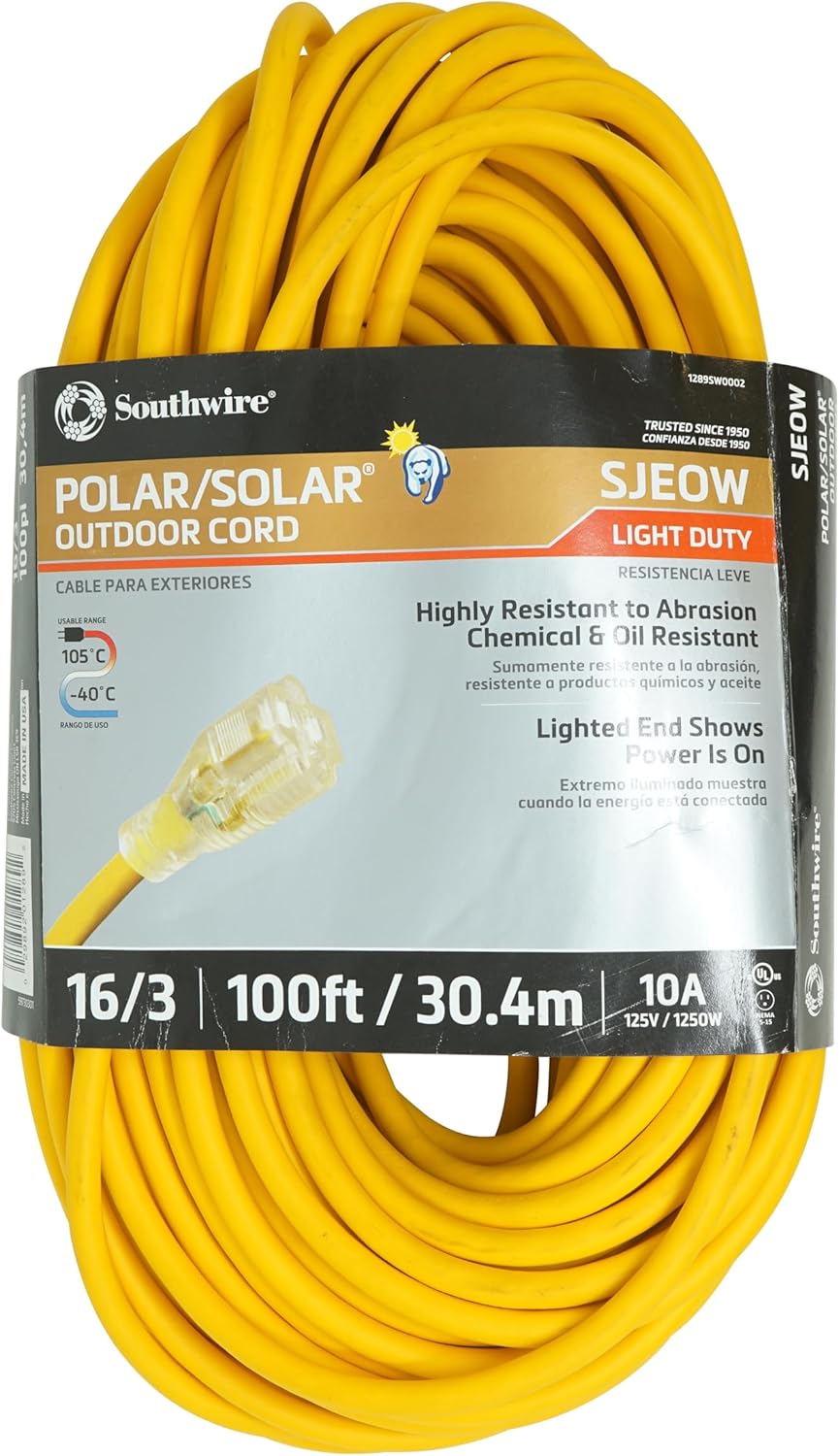 Southwire 100-Foot All-Weather 16/3 Extension Cord with Lighted End, 01289