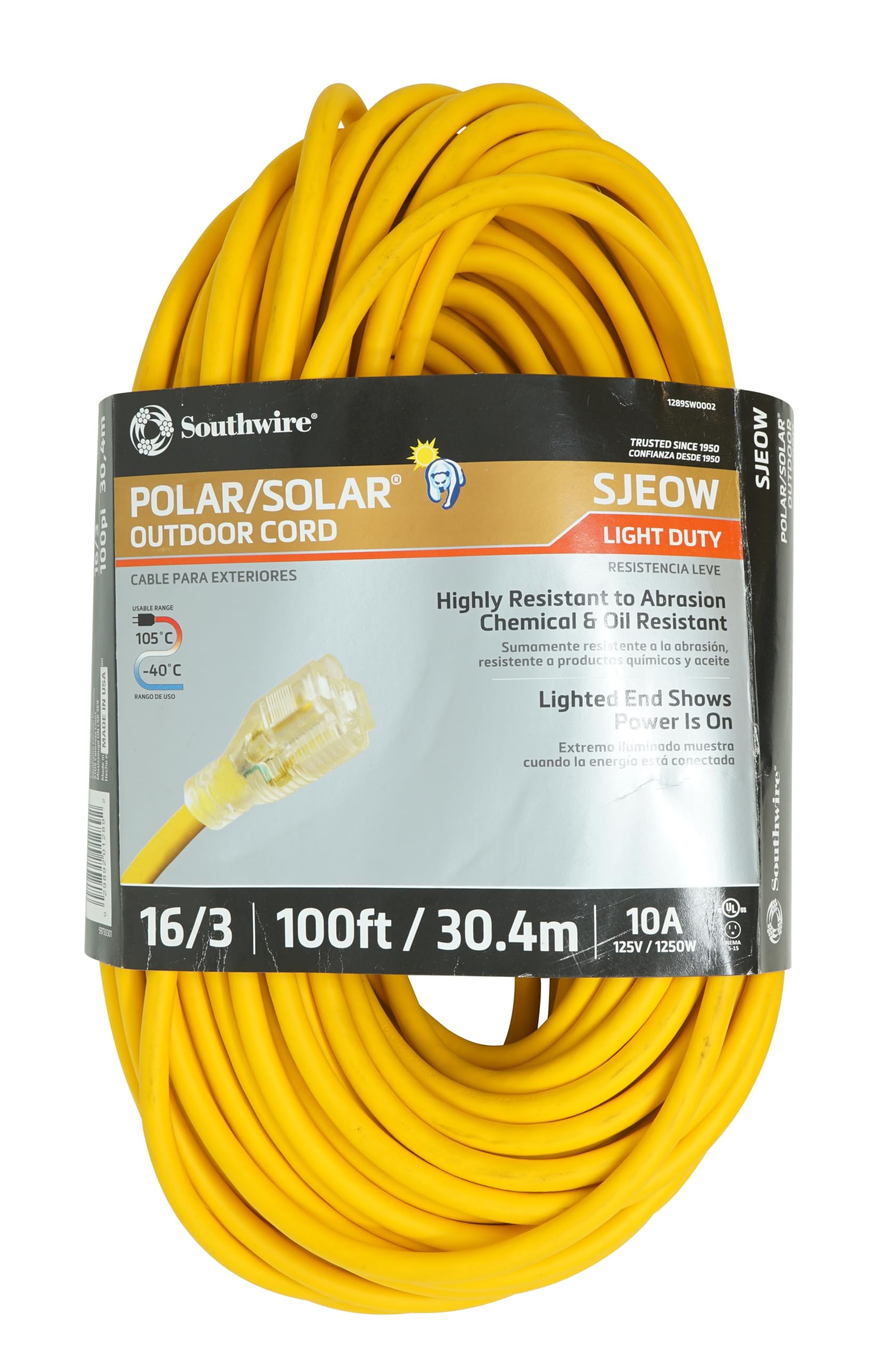 Southwire 100-Foot All-Weather 16/3 Extension Cord with Lighted End, 01289