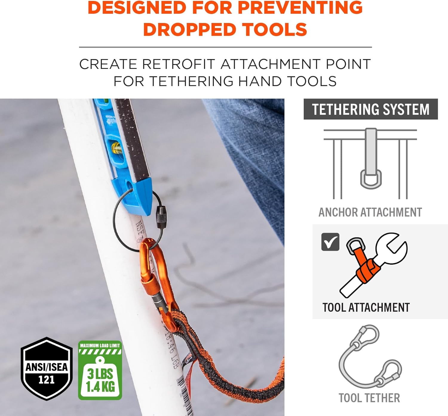 Ergodyne Squids 3708 Wire Cable Loop Tool Tethering Attachment, Screw Gate Opening, Weight Rating 3lbs, 6-Pack