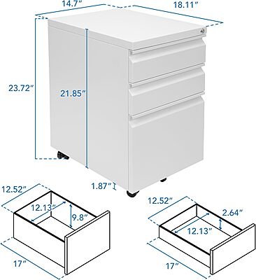 Mount-It! 3 Drawer Mobile File Cabinet with Lock and Wheels