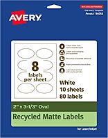Avery EcoFriendly Matte White Recycled Oval Labels, 2" x 3-1/3", Print-to-The-Edge, Matte White Labels, Permanent Adhesive, Laser/Inkjet Printable, 80 Total 80 labels
