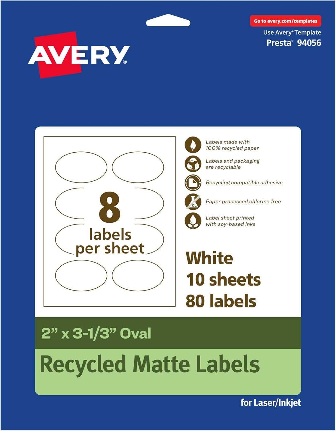 Avery EcoFriendly Matte White Recycled Oval Labels, 2" x 3-1/3", Print-to-The-Edge, Matte White Labels, Permanent Adhesive