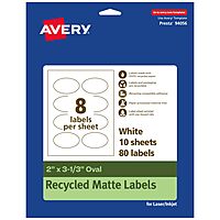 Avery EcoFriendly Matte White Recycled Oval Labels, 2" x 3-1/3", Print-to-The-Edge, Matte White Labels, Permanent Adhesive, Laser/Inkjet Printable, 80 Total 80 labels