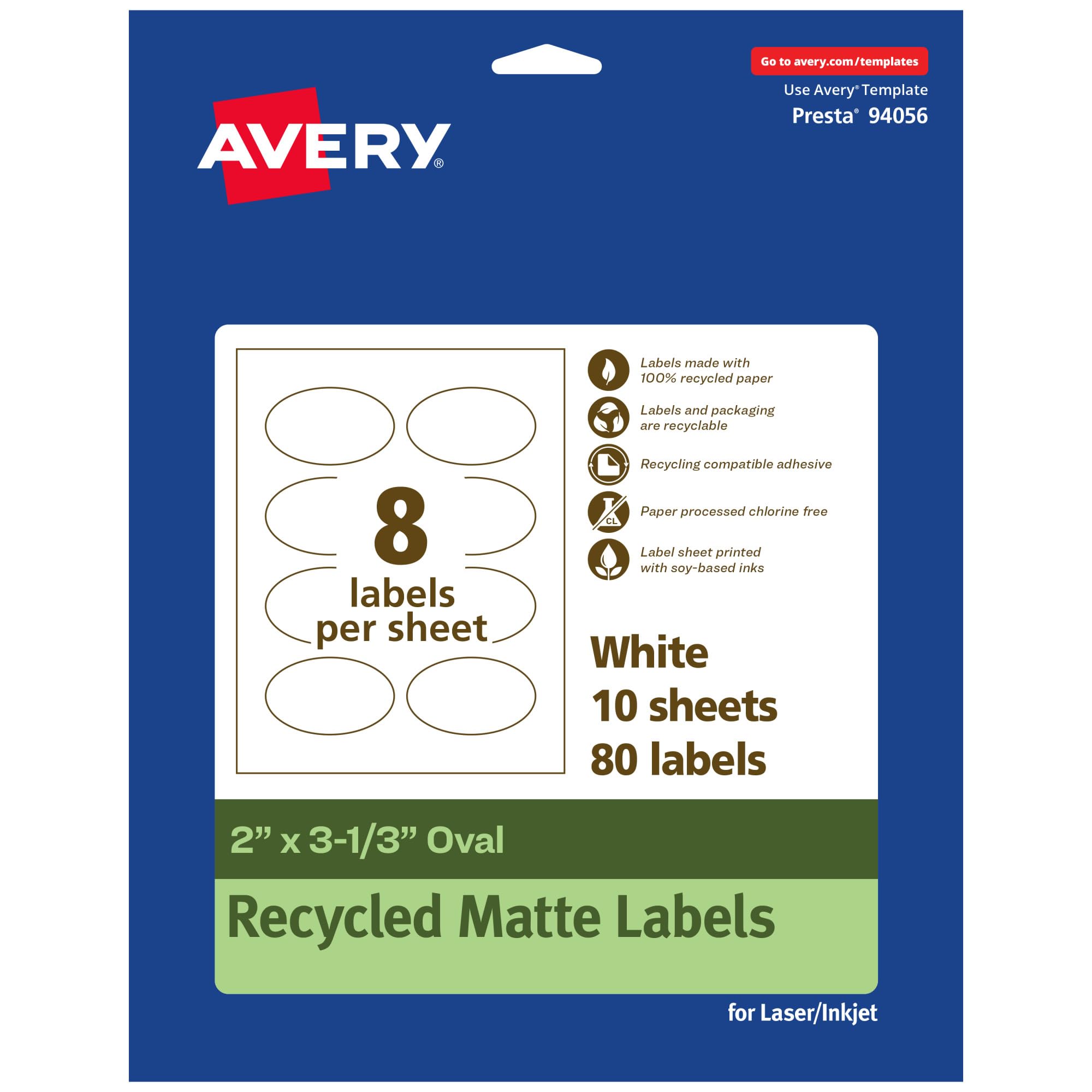 Avery EcoFriendly Matte White Recycled Oval Labels, 2" x 3-1/3", Print-to-The-Edge, Matte White Labels, Permanent Adhesive