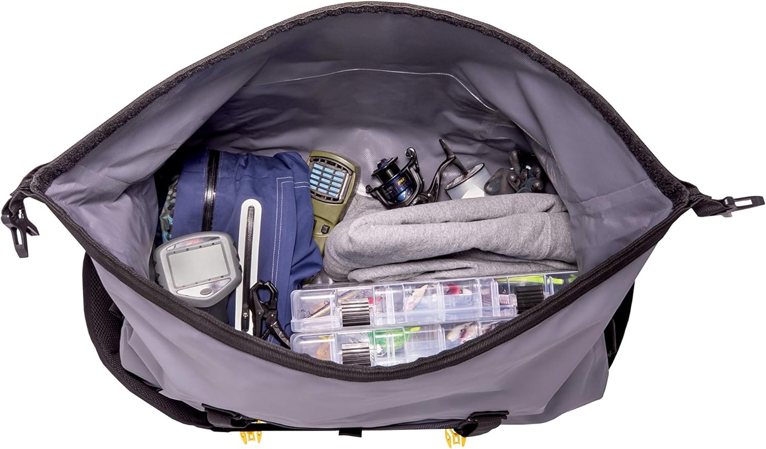 Plano Z-Series Roll-Top Waterproof Duffel with Backpack Straps, Gray with Yellow Accents, 500D PVC Fabric Fishing Dry Bag