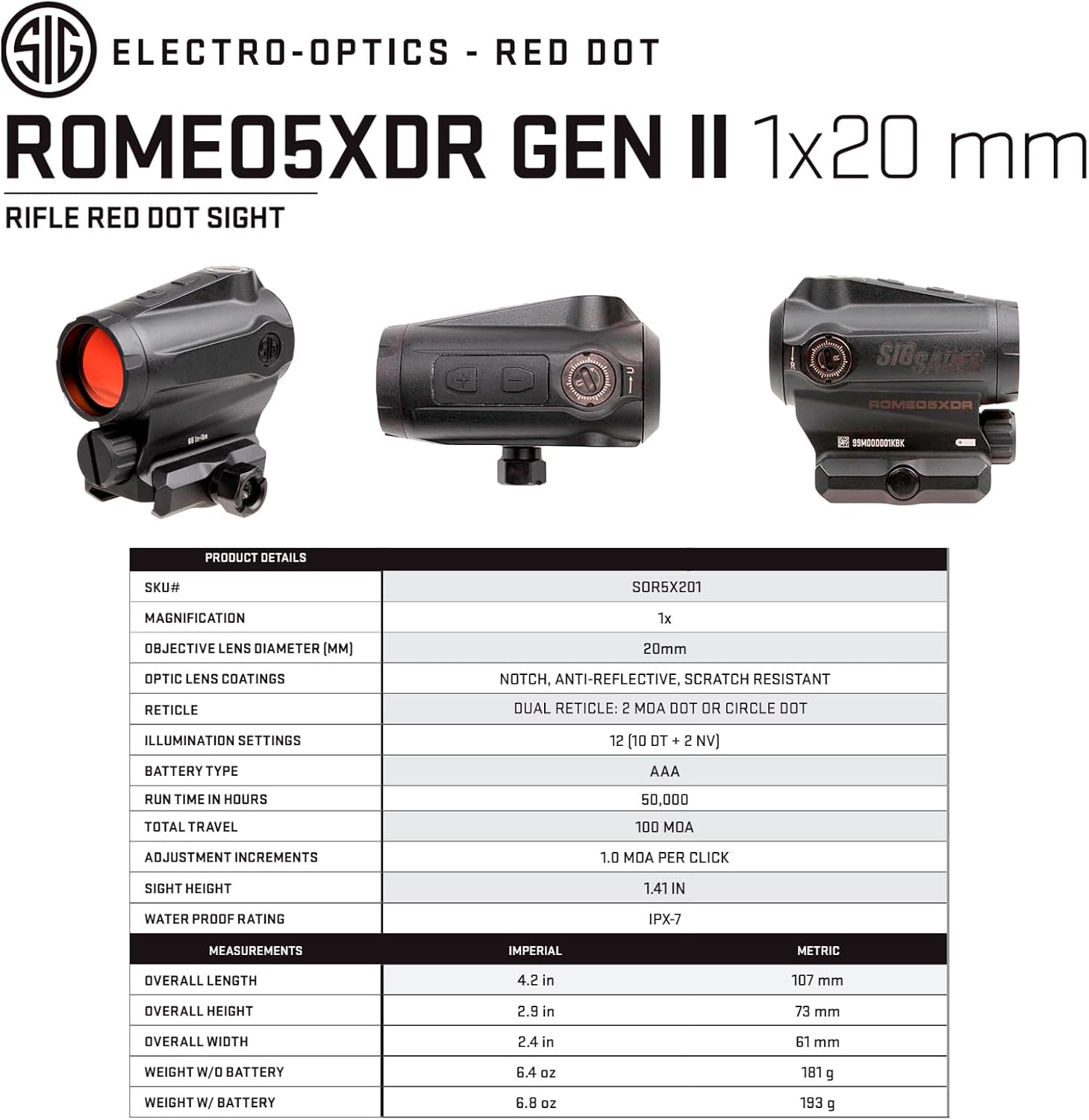 Sig Sauer ROMEO5XDR 1x20mm Red Dot Sight, Compact IPX-7 Waterproof Rifle Shooting Sight, 2 MOA/Circle Dot Dual Reticle
