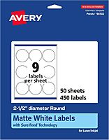 Avery Matte White Round Labels, Sure Feed Technology, 2.5" Diameter, 450 Matte White Printable Labels 450 Labels