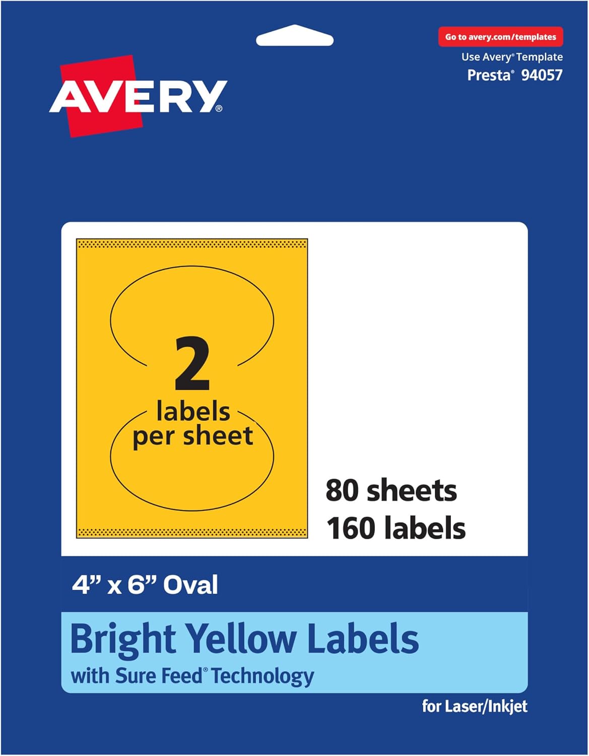 AVERY Printable Oval Labels, Sure Feed Technology, 4" x 6", Bright Yellow, Print-to-The-Edge, Laser/Inkjet