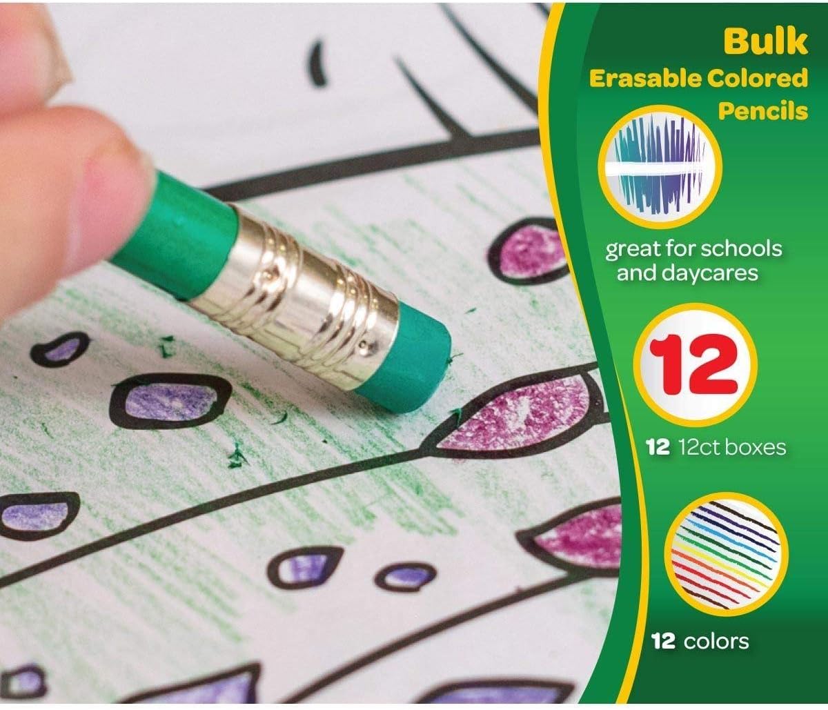 Crayola Erasable Colored Pencils, 12 Non-Toxic, Pre-Sharpened, Kids 4 & Up, Colors may vary