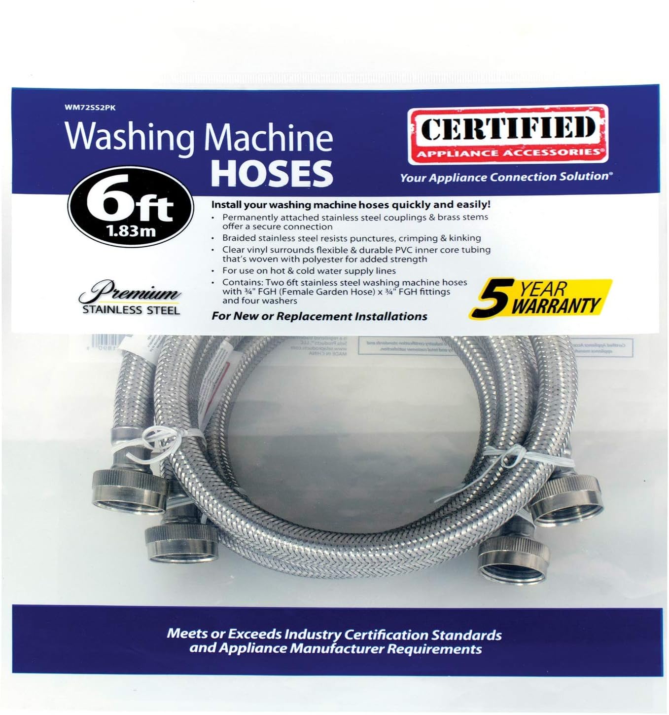 Certified Appliance Accessories Washing Machine Hoses (2 Pack), Hot and Cold Water Supply Lines, 6 Feet