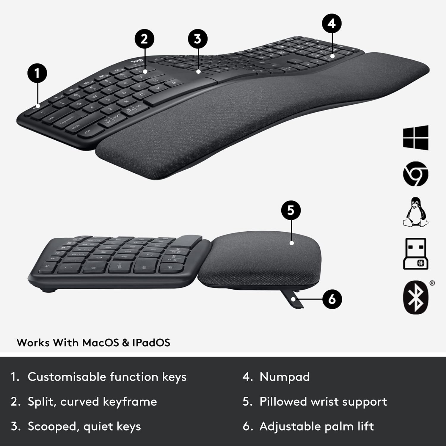 Logitech Ergo K860 Split Wireless Keyboard for Business - Ergonomic Design, Secured Logi Bolt Technology, Bluetooth, Globally Certified, Windows/Mac/Chrome/Linux - Graphite