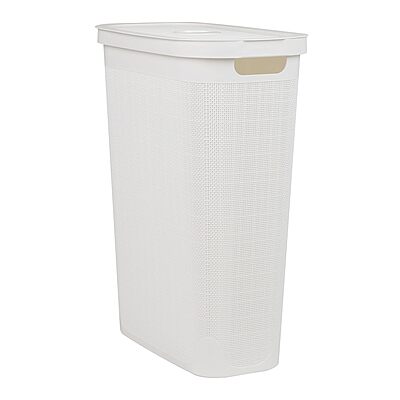MIND READER Slim Laundry Hamper with Lid, 40L Linen Design Plastic