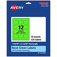 Avery Printable Rectangle Labels, Sure Feed Technology, 1-13/16" x 2-3/16", Neon Green Labels, Print-to-The-Edge, Laser/Inkjet Printable, 120 Total, Great for Mailing 120 labels