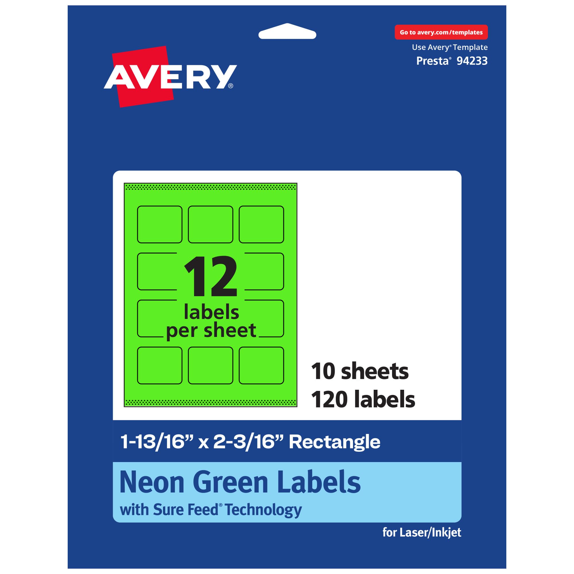 Avery Printable Rectangle Labels, Sure Feed Technology, 1-13/16" x 2-3/16", Neon Green Labels, Print-to-The-Edge