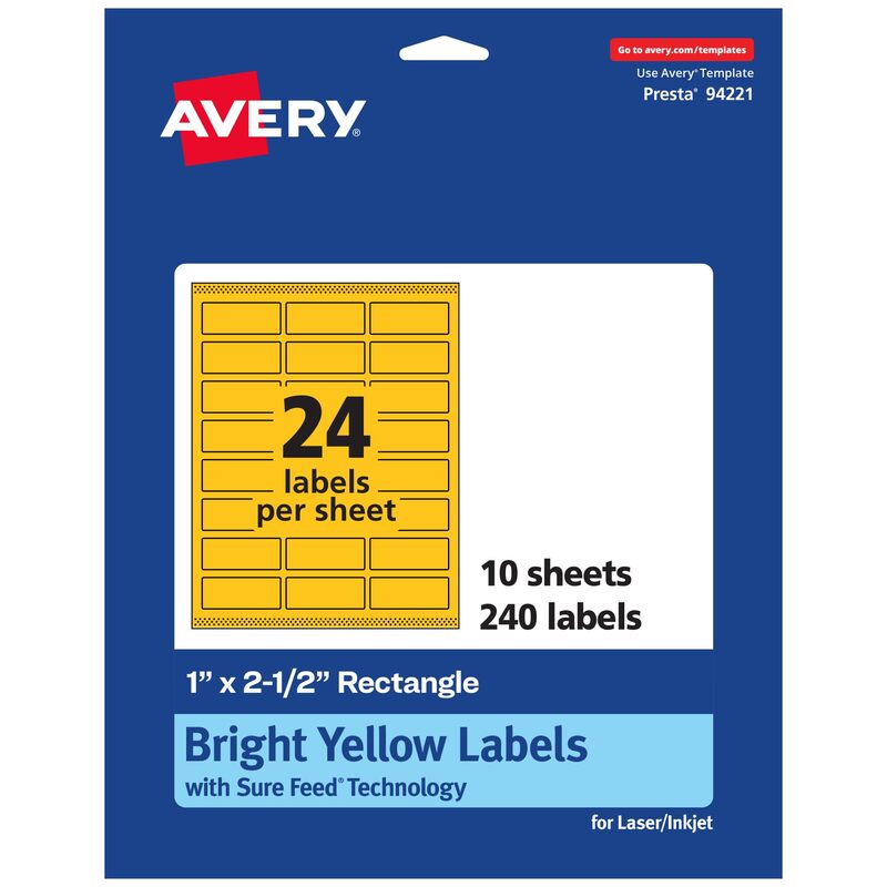 Avery Printable Rectangle Labels, Sure Feed Technology, 1" x 2-1/2", Bright Yellow Labels, Laser/Inkjet Printable, 240 Total