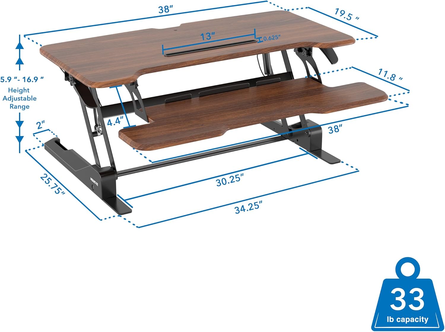 Mount-It! 38in Wide Height Adjustable Standing Desk Converter with Keyboard Tray