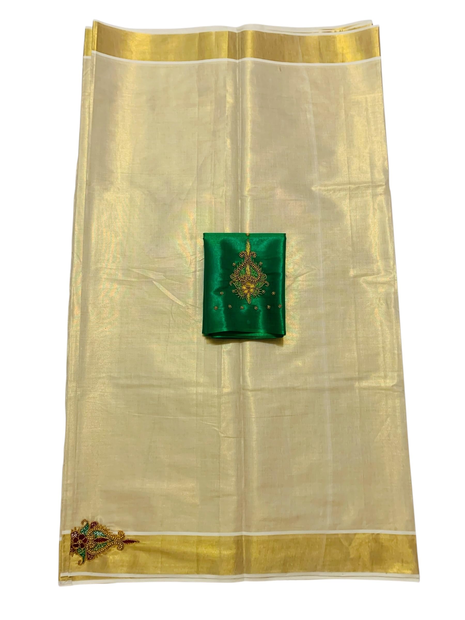Kuthampully Kerala Kasavu Sarees For Women | Handcrafted Aari work Kerala Sarees | Tissue Onam Saree With Running Blouse | South Indian Sarees | Onam Saree EKM-836 (Green)