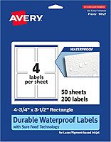 AVERY Durable Waterproof Rectangle Labels, Sure Feed Technology, 4.75" x 3.5", Print-to-The-Edge