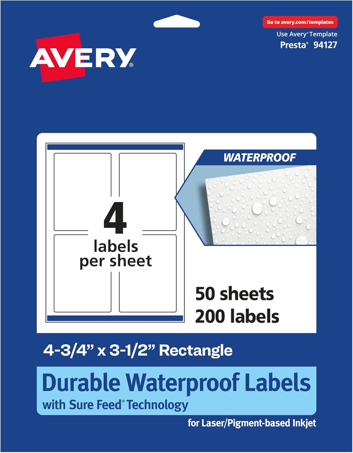 AVERY Durable Waterproof Rectangle Labels, Sure Feed Technology, 4.75" x 3.5", Print-to-The-Edge