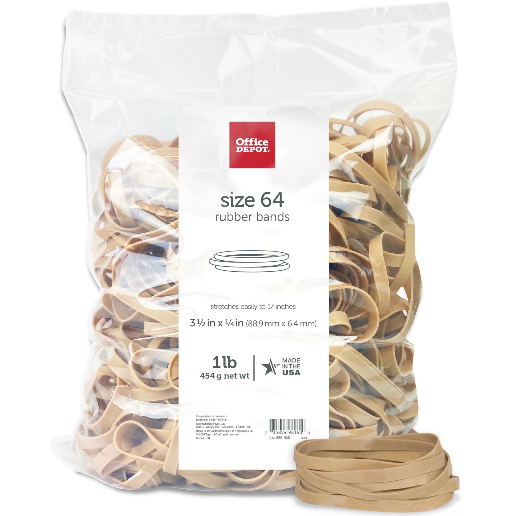 Office Depot - Rubber Bands - Rubber Bands, #64, 1 lb Bag - Rubber Bands in 1 lb Bags - Size 3-1/2" x 1/4" x 3-1/2" x 1/4"