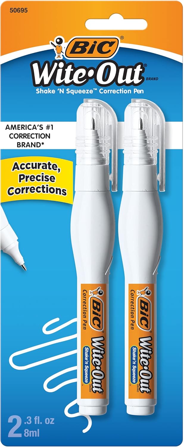 BIC Wite-Out Shake N Squeeze Correction Pen, 8 ml, White, Pack Of 2
