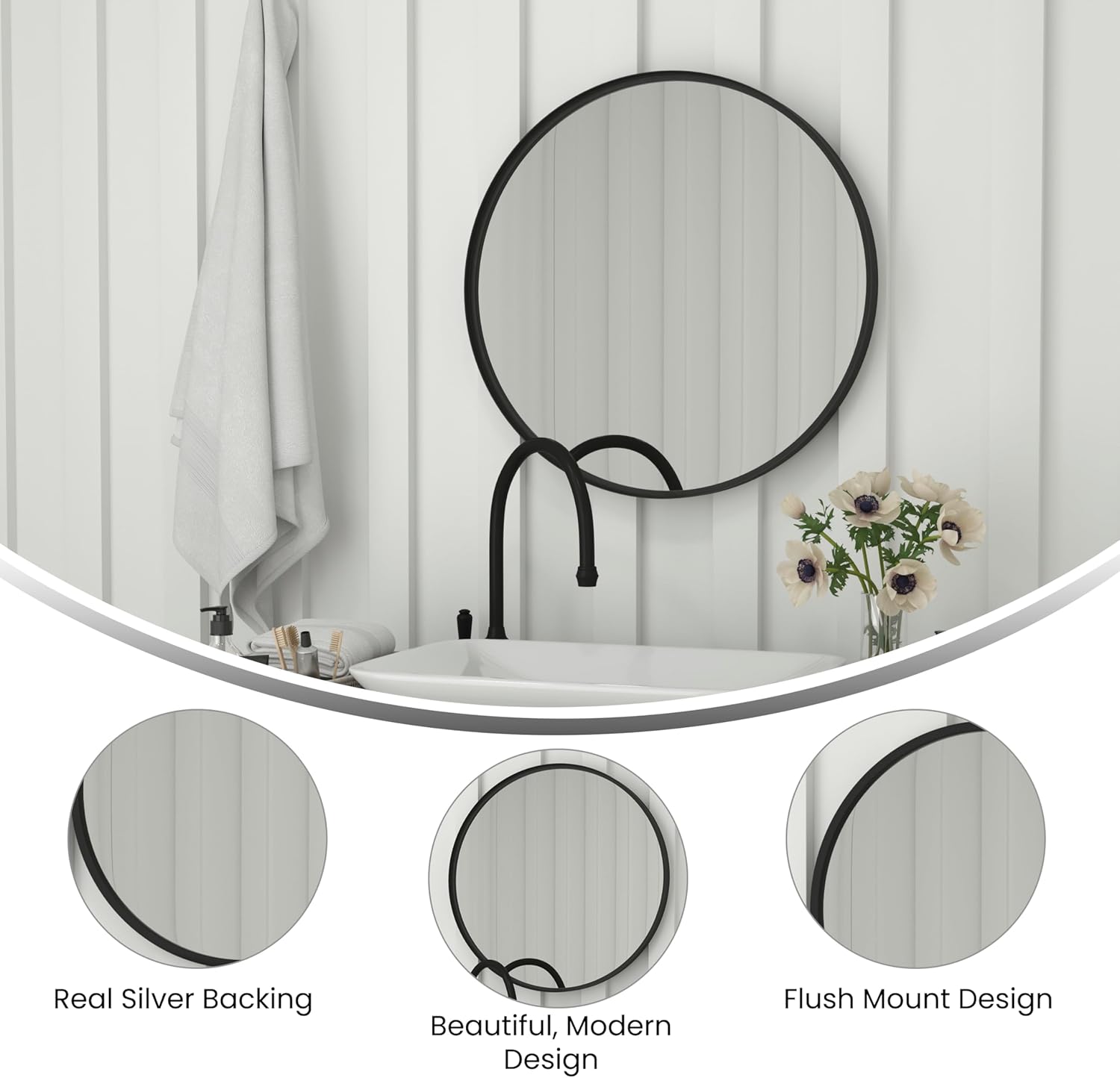 Flash Furniture Jennifer Large Round Wall Mirror - Black Circle Accent Mirror - 27.5" Vanity Mirror - for Bathroom, Vanity